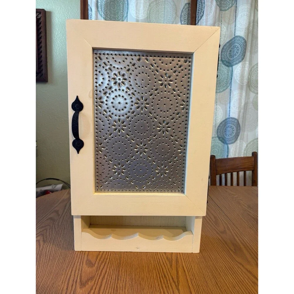 Primitive WALL medicine SPICE CABINET Punched TIN WOOD Vtg Farmhouse Kitchen